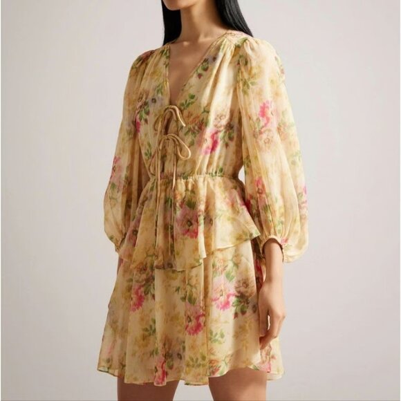 Ted Baker Tamziiy V-Neck Tie Front Mini Dress | Size 5 (US XL)ream Dress - Picture 1 of 9